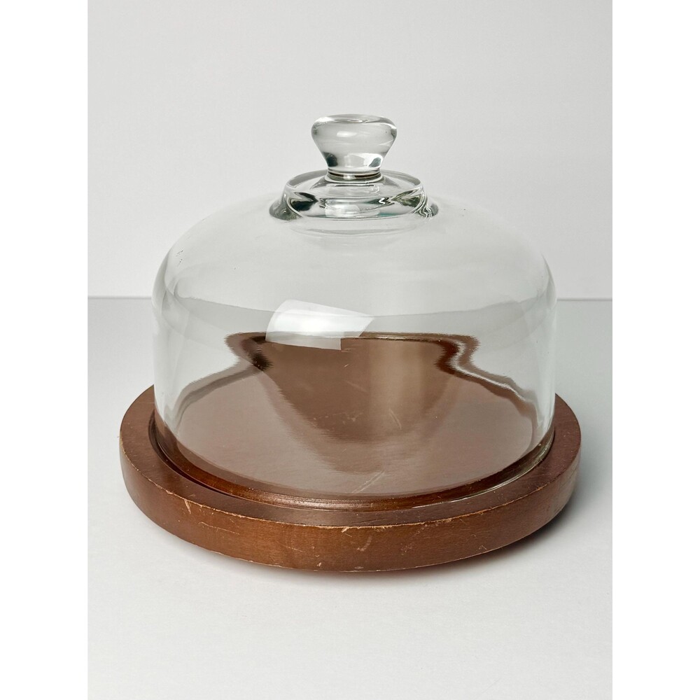 Vintage 80s Goodwood Cheese Dome Mini Glass Cloche Wood Base Made in Taiwan